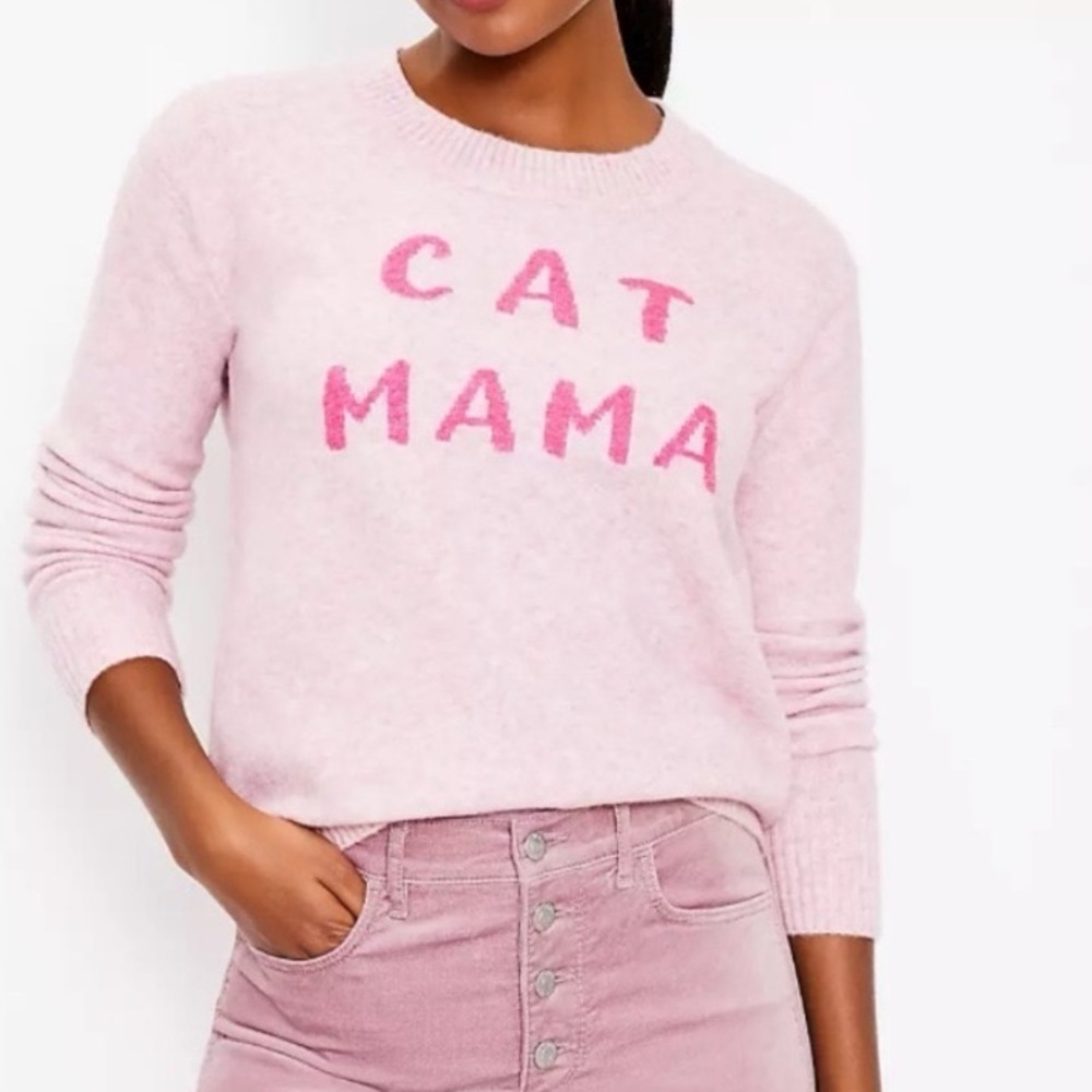 LOFT Cat Mama Pink Knit Sweater Medium Graphic Crewneck Cozy Soft